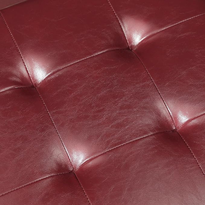 Adeco Faux Leather Storage Ottoman with Hinged Lid, 14 Inch High Red Square Cube Foot Stool with Storage, Upholstered Vanity Stool with Solid Wood Legs for Living Room, Bedroom, Dorm