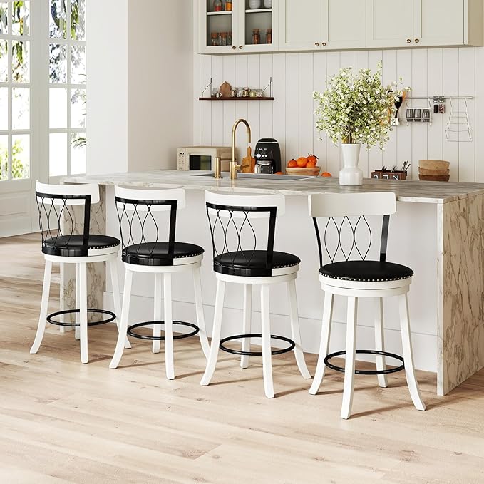 COSTWAY Bar Stools Set of 4, 26” Seat Height Swivel Barstools with Ergonomic Backrest, Soft Cushion & Footrest, Rubber Wood Counter Height Bar Chairs Upholstered Dining Chairs for Kitchen Island