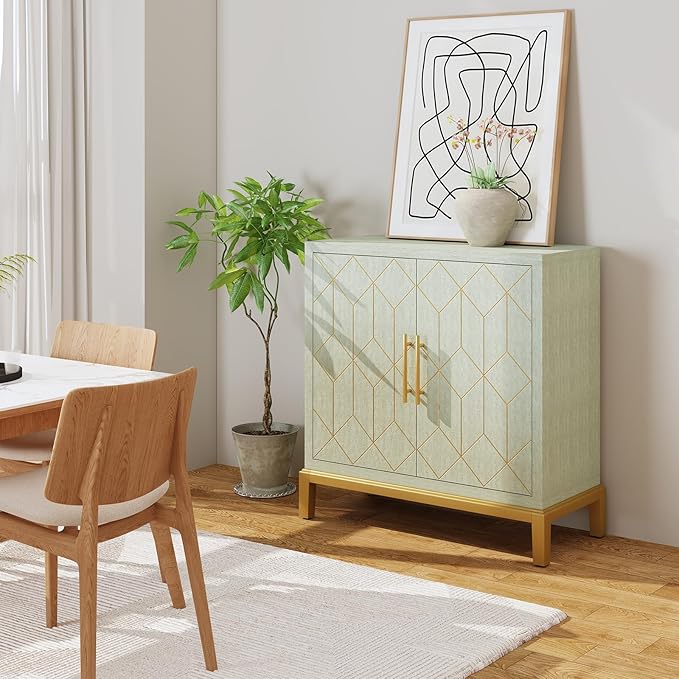 HLR Green Accent Cabinet with Gold Trim,Storage Cabinet with 2 Doors,Modern Wooden Sideboard for Living Room, Kitchen, Office and Hallway