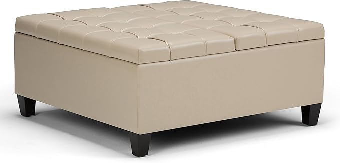 SIMPLIHOME Harrison Coffee Table Storage Ottoman - 36 inch Wide Upholstered Vegan Leather Square Lift-Top Ottoman in Satin Cream, Transitional Ottoman for Living Room with Hidden Storage