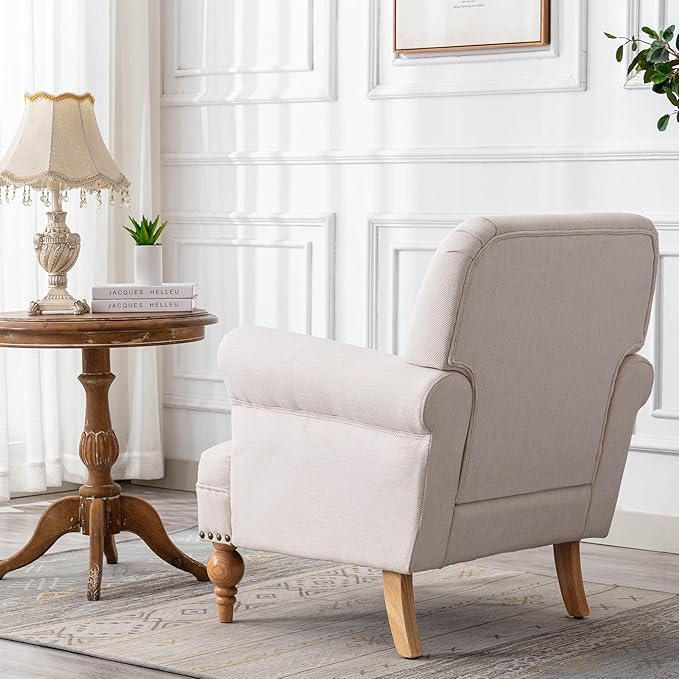 Modern Linen Accent Chairs Set of 2 Comfy Reading Chairs Upholstered Lounge Chair Single Sofa Couch for Bedroom/Living Room, Cream
