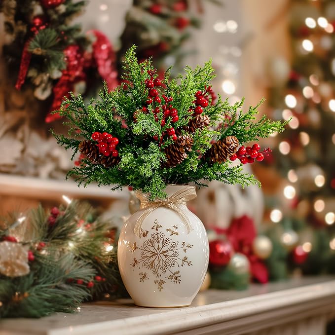 8PCS Artificial Pine Branches with Red Berry Pine Cones Artificial Needles Branches Greenery Stems Fake Greenery Floral Arrangements