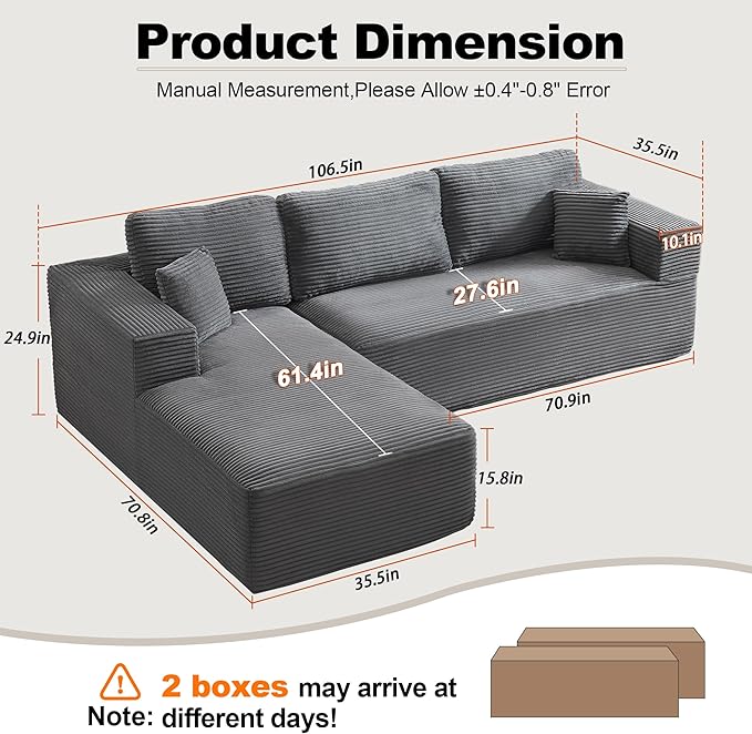 106" Cloud Modular Sectional Sofa Couch with L-Shape Chaise,Modern Boneless Sectional Couch with Deep Seat,Upholstered Couches for Living Room Bedroom,No Assembly Required,Dark Grey