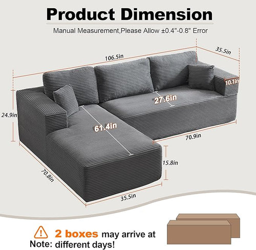106" Cloud Modular Sectional Sofa Couch with L-Shape Chaise,Modern Boneless Sectional Couch with Deep Seat,Upholstered Couches for Living Room Bedroom,No Assembly Required,Dark Grey