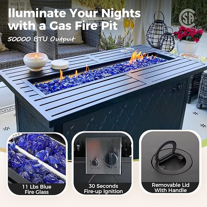 Patio Furniture Set, 6 Pcs Metal Outdoor Conversation Set, 2 Swivel Chairs, 2 Ottomans and 3 Seater Sofa with 5.75" Extra Thick Cushion and Gas Fire Pit Table, Blue