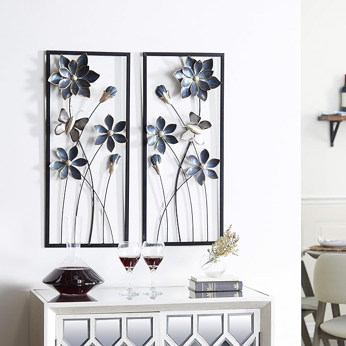 Deco 79 Metal Floral Home Wall Decor Wall Sculpture with Black Frames and Butterfly Accents, Set of 2 Wall Art 12"W, 28"H, Teal