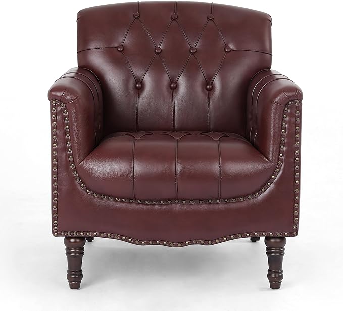 UIXE Faux Leather Accent Chair for Living Room, Tufted Arm Chair Retro Upholstered Club Armchair with Solid Wood Legs, Burgundy Red