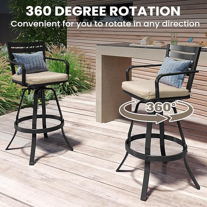 Pellebant Outdoor Bar Stools Set of 4 with Sunbrella Cushion, 29.5" Aluminum Swivel Bar Height Stool Chairs with Back & Footrest, Rust-Proof Patio Bartools for Deck Lawn Garden, Beige