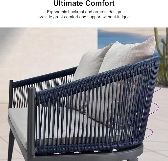 PURPLE LEAF 4 Pieces Patio Conversation Set Outdoor Wicker Furniture with Aluminum Table and Rattan Chairs Sofa Cushions Included for Porch Backyard Garden Balcony Gray