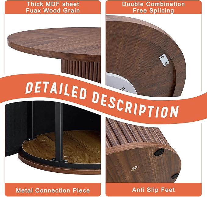 Round Dining Table Set for 6 with Storage, 42" Round Dining Table with 6 Suede Chairs, 7 Piece Kitchen Table Chairs Set of 6 with Thick Wood Top, Roman Column Pedestal, Space-Saving