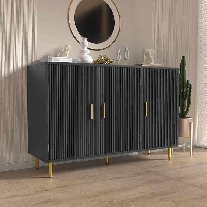 Black Sideboard Buffet Cabinet, Accent Coffee Bar with 3 Doors, Entryway Cabinet for Living Room, Kitchen, Hallway