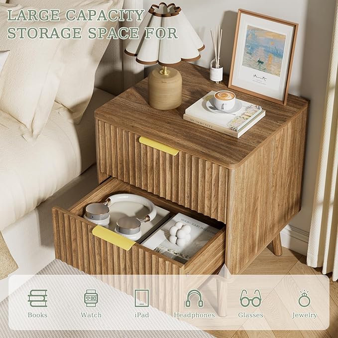 LYNSOM Fluted Dresser and Nightstand Sets 2 Piece, 2-Drawer Nightstands and 7-Drawers Dresser, Wood Bedroom Furniture Set for Home, Bedroom, Hallway, Natural Oak