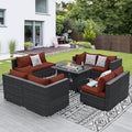 NICESOUL 9 Piece Large Patio Furniture Set with Fire Pit Table Propane/Natural Gas, 29.3'' High Back Wicker Outdoor Sectional Sofas, Wide Conversations for Heavy Weight, 2 Color Cushions Wine & Gray