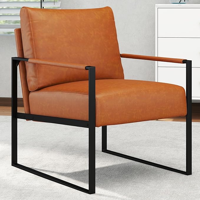 CANMOV Modern Accent Chair Set of 2, PU Leather Armchair with Metal Frame,Comfy Single Reading Chair with Soft Padded Backrest and Cushion for Living Room, Bedroom,Reading Room,Office,Brown