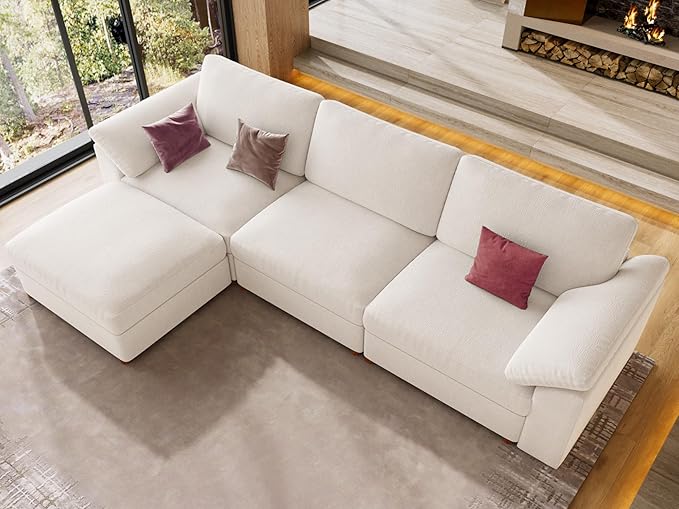 EASE MOOSE White Modular Sectional Sofa, FSC Certified Extra Large L Shape Sectional Couch, Comfty Wide Deep Modular Cloud Sofa with Ottoman, Removable and Washable
