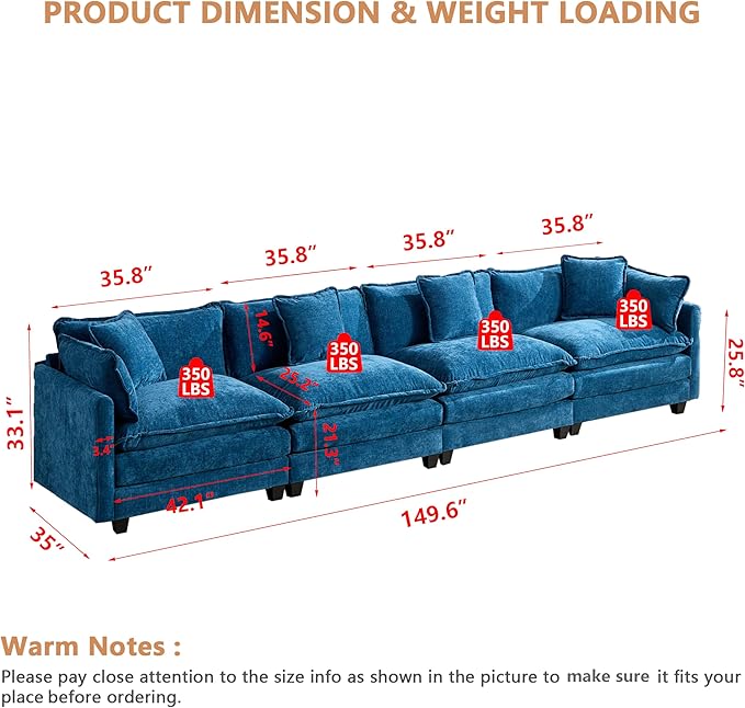 Aoowow Modular Sectional 4 Seater Cloud Sofa Couch for Living Room,149.6" Cloud Sofas with Deep Seat,Modern Chenille 4 Seat Sofas,Fluffy Cloud Couches for Bedroom,Office,Hotel (Blue, 4 Seater)
