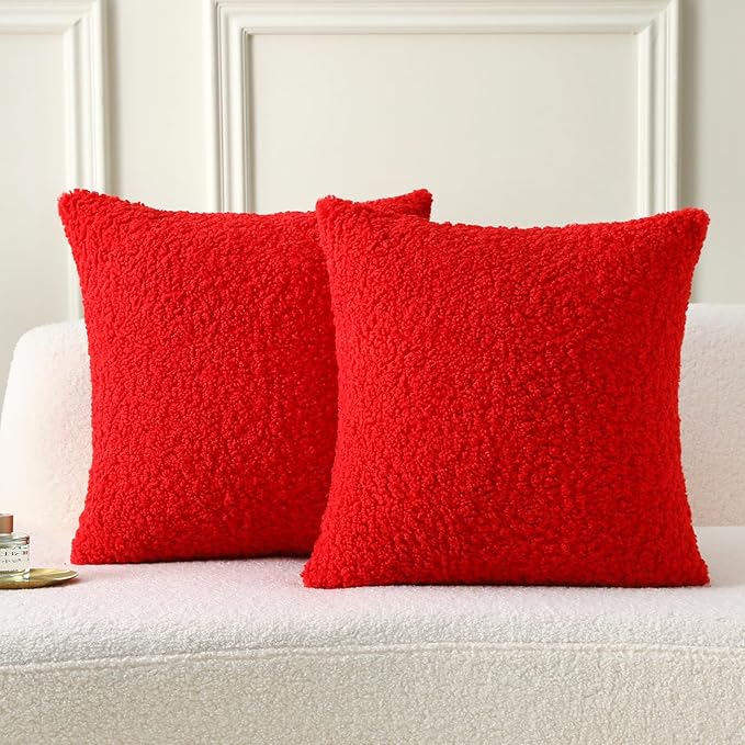 FUTEI Christmas Red Throw Pillow Covers 20x20 Inch Set of 2,Furry Faux Fur Teddy Boucle Textured Cushion Covers,Soft Fluffy Decorative Pillow Case,Home Decor for Couch Bed Living Room Office Car