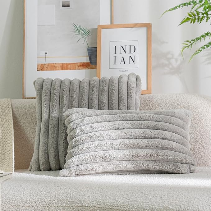 DEELAND Pack of 2,Double-Sided Faux Fur Plush Decorative Throw Pillow Covers Fuzzy Striped Soft Pillowcase Cushion Covers for Sofa Couch Bedroom Lightgrey 26x26 inch