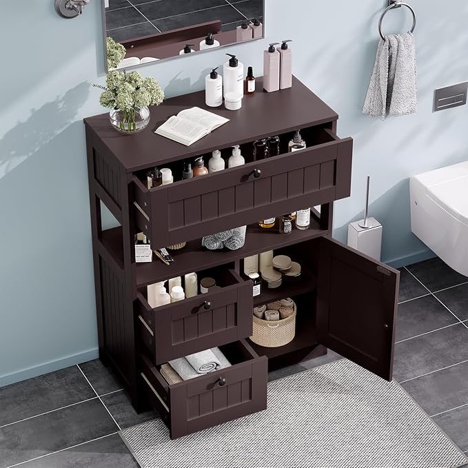 Bathroom Cabinet, Modern Bathroom Floor Storage Cabinet Organizer with 1 Door and 3 Drawers, Freestanding Cupboard for Kitchen/Living Room Use