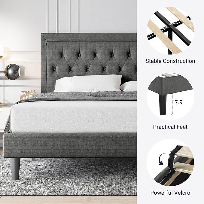 Allewie Full Size Button Tufted Platform/Fabric Upholstered Bed Frame with Adjustable Headboard/Wood Slat Support/Mattress Foundation/Dark Grey (Full)