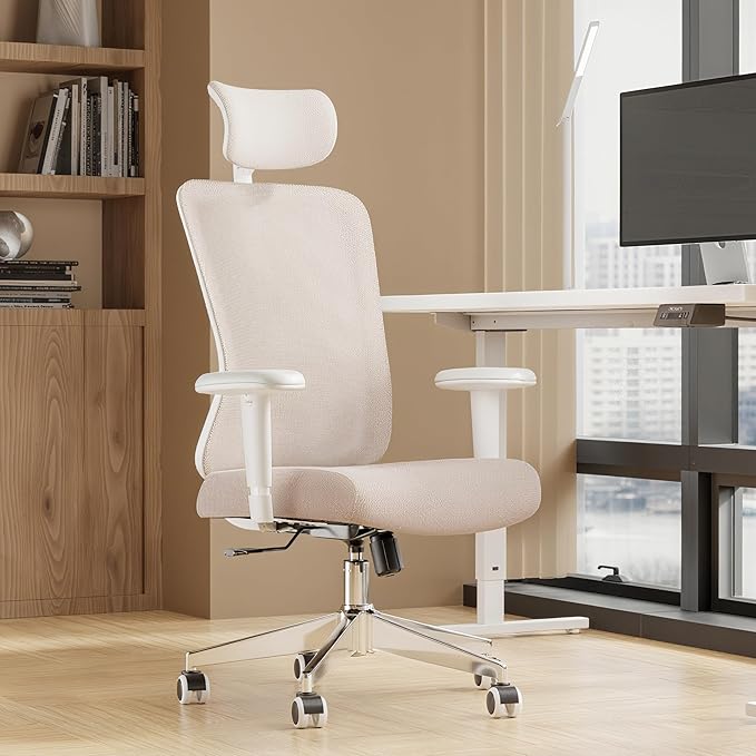 Ergonomic Office Chair, Mesh Desk Chair with Adjustable Headrest and 2D Armrest，Computer Chairs with Lumbar Support, Big and Tall Office Chair 400lbs, Large (01khaki)