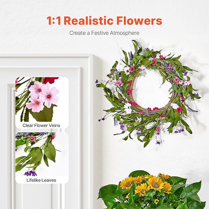 VEVOR Spring Wreath for Front Door 22 Inch - Large Artificial Flower Wreath with Daisy & Lavender, Year-Round All Season Outdoor Indoor Door Decor