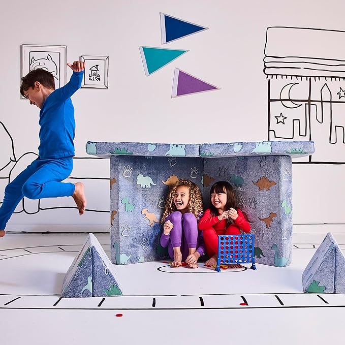 YOURIGAMI Kids and Toddler Play Couch, Convertible Folding Sofa, Durable Foam Modular Design, Glow in The Dark Dinosaur