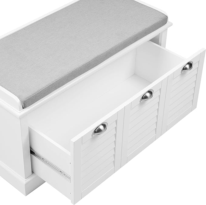 Crosley Furniture Ellison Entryway Storage Bench with Shoe Rack Organizer Drawer, White with Gray Cushion