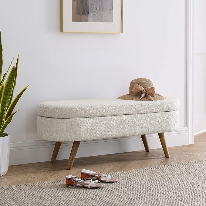 Storage Ottoman Bench 43" Ottoman Bench for Bedroom, Upholstered Boucle Fabric Footrest End of Bed with Safety Hinge Solid Wood Legs Foot Stool Storages Benches for Living Room Entryway, Beige