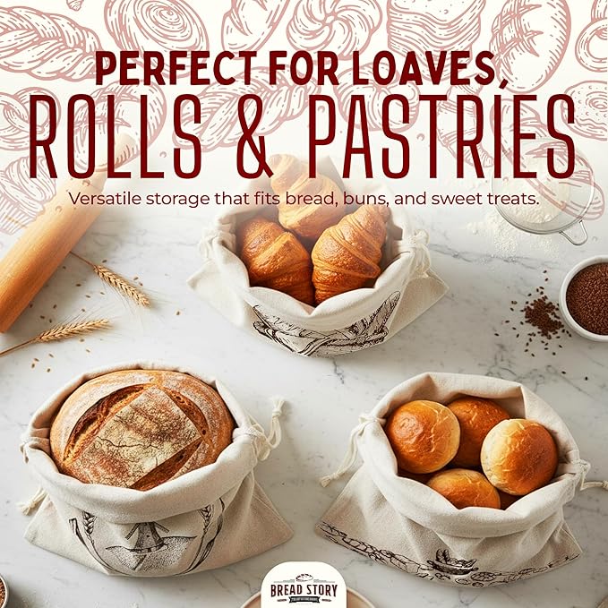 Linen Bread Bag – Reusable Linen Bags for Homemade Bread & Sourdough | Cloth Bags for Sourdough, Artisan Loaves, & Pastries | Unbleached Natural Fabric with Drawstring Closure, 3-Pack, 11 x 15"