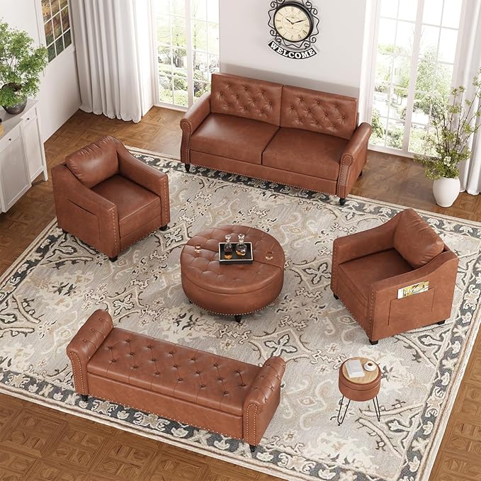 Faux Leather Accent Chair Set of 2 for Living Room, 30 Inches Barrel Upholstered Armchair, Cozy Mid Century Modern Club Arm Chair Single Sofa for Bedroom, Apartment, Reading Room, Brown