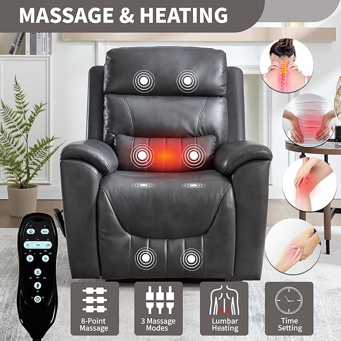 Power Lift Recliner Chair for Elderly People, Dual Motor Lay Flat Recliner with Vibration Massage and Heat, Heavy Duty Motion Mechanism Standing Assistance Reclining Chair, Faux Leather Dark Gray