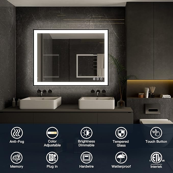 ISKM Framed LED Mirror for Bathroom 48"x36", Dimmable LED Bathroom Mirror with Lights, Anti-Fog, Front and Backlit Lighted Mirror 3-Colors, Shatterproof, Memory Function