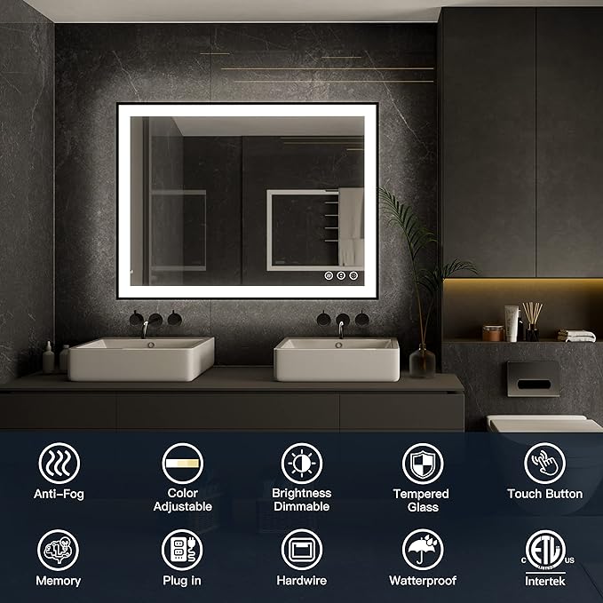 ISKM Framed LED Mirror for Bathroom 48"x28", Dimmable LED Bathroom Mirror with Lights, Anti-Fog, Front and Backlit Lighted Mirror 3-Colors, Shatterproof, Memory Function