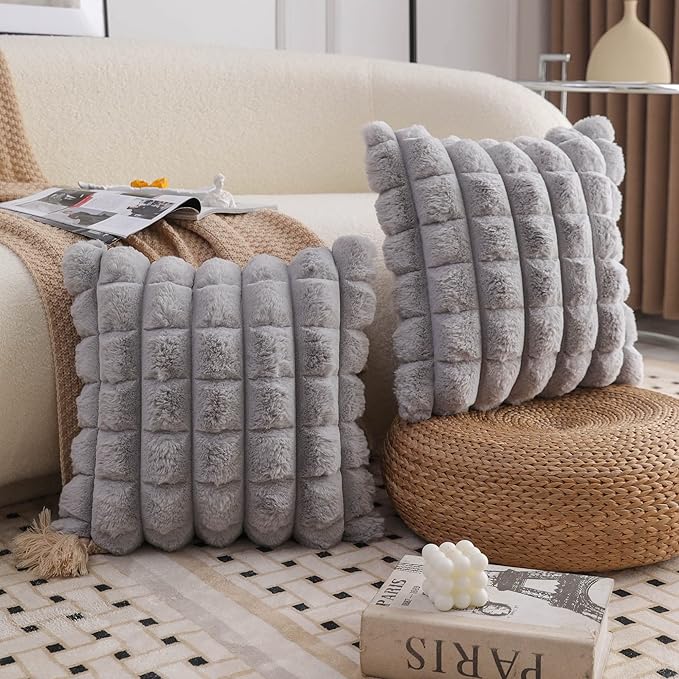 Neelvin Grey Faux Fur Cozy Soft Plaid Decorative Throw Pillow Covers 12x20 inch Set of 2,Velvet Pillowcase Cushion Case for Sofa Couch