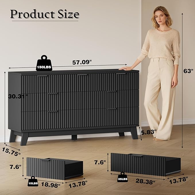 57" Long Dresser for Bedroom, 7-Drawer Fluted Chest, Wide Wood Storage Dresser with Metal Slides and Handles, Stable Base, Modern Clothes Organizer for Primary Suite, Guest Room, Nursery