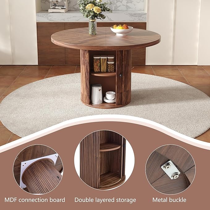5 Piece Dining Table Set with Two Storage, 47" Round Dining Table Set for 4 with PU Leather Chairs, Round Kitchen Table and Chairs for 4 with 1.7” Thick Wood Top, Roman Column Pedestal, Space-Saving