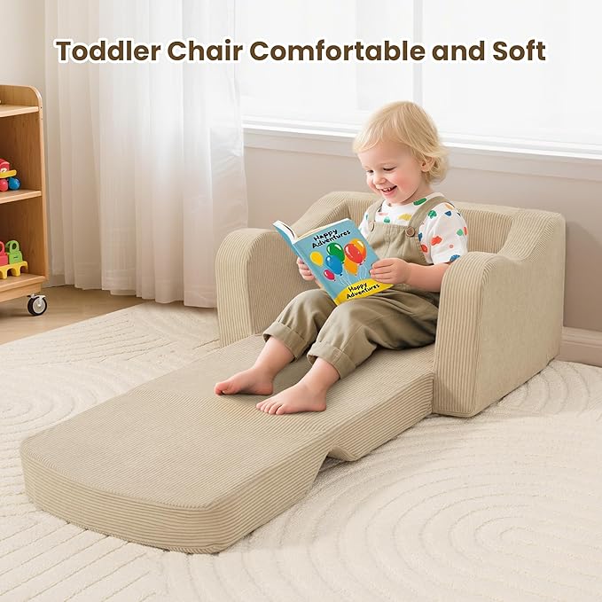 Comfy Toddler Chair for Kids, 2-in-1 Toddler Soft Plush Couch Fold Out, Convertible Kids Couch to Lounger, Baby Sofa for Boys and Girls, Beige