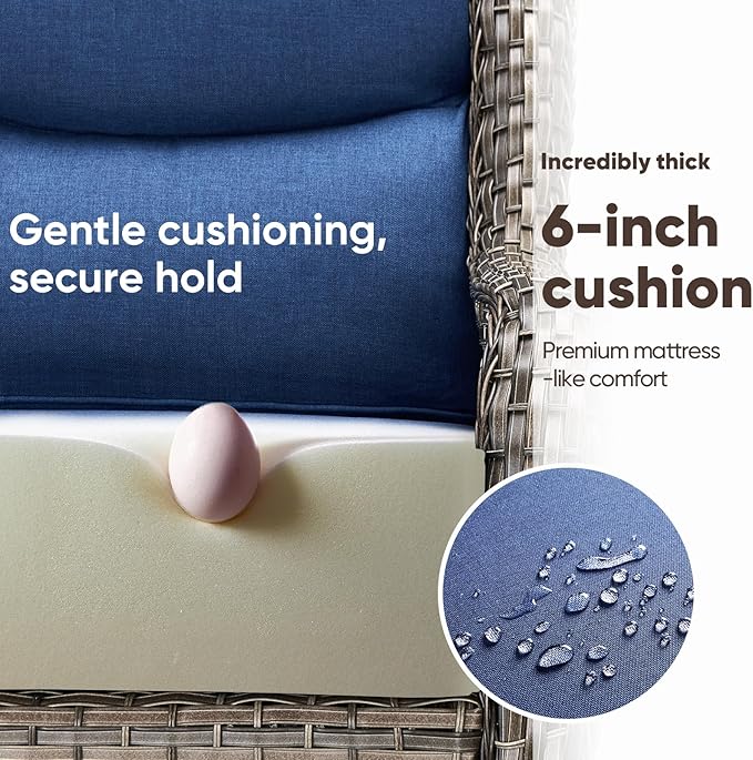 Swivel Patio Chairs sofa Set of 7 with 6" Thick Cushion - Wicker Outdoor Swivel Rocker Patio Chair ,Sofa/Glass coffee table, High Back Comfortable Outdoor Glider Chairs - Gery Wicker Blue Cushions