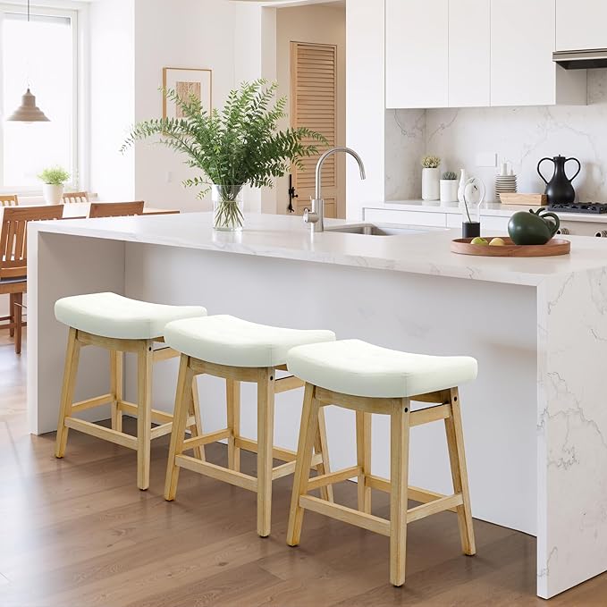 Counter Height Bar Stools Set of 3 for Kitchen Island Modern Barstools with Upholstered Faux Leather Backless Seat and Solid Wood Legs, 24 inch Farmhouse Bar Chairs, White