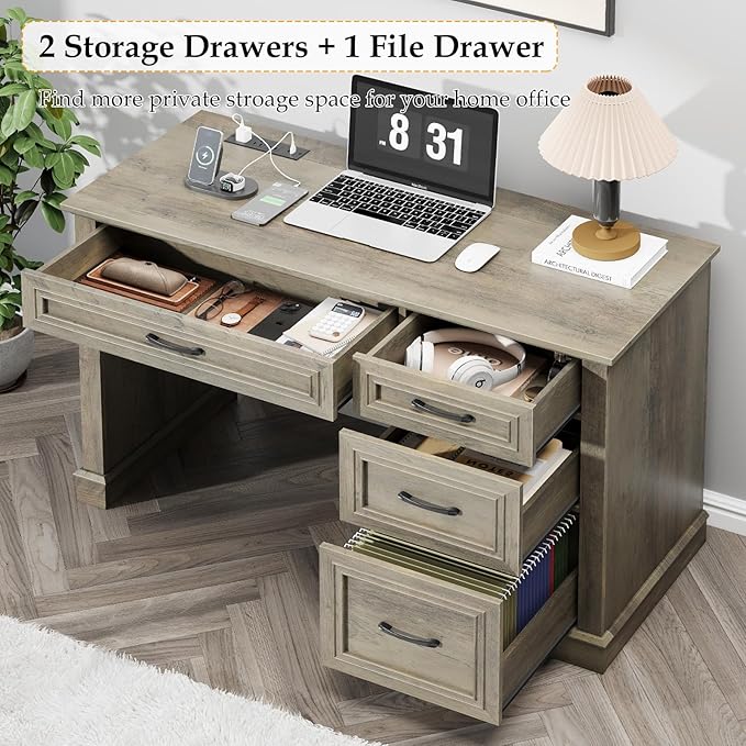 Farmhouse 47" Executive Desk, Computer Desk with Drawers and File Drawer, Workstation Computer Desk with Charging Station for Home Office,Study,（Wash Grey）
