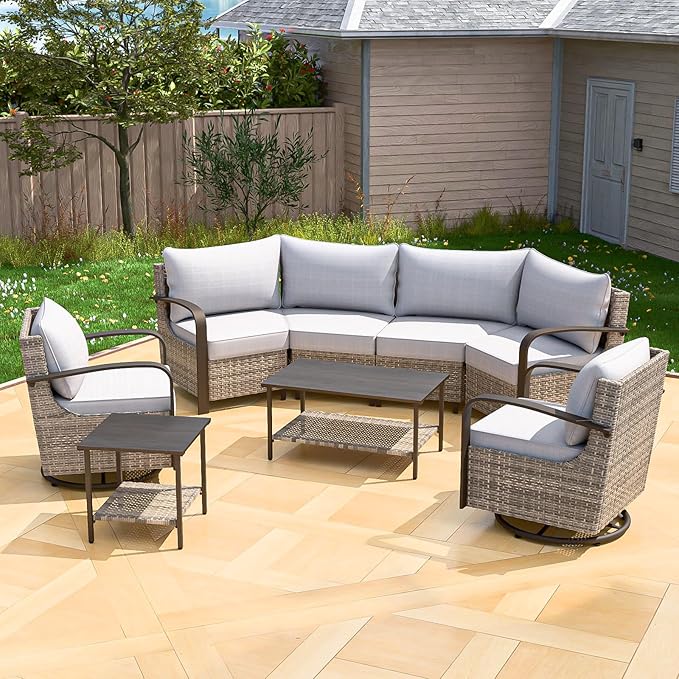 COOS BAY Aurora Terrace Half-Moon Outdoor Furniture Set, Rattan Conversation Set with Swivel Rockers, Curved 4-Seat Sofa, Coffee Table & Side Table, Seats 6, Beige/Beige