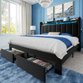 Allewie Velvet Vertical Tufted Full Size Upholstered Platform Bed Frame with 2-Tier LED Storage Headboard & 2 Storage Drawers, USB & Type-C Charging Ports, Noise-Free/No Box Spring Needed, Black