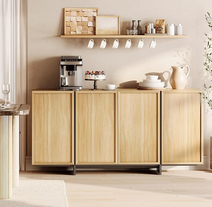 WAMPAT Modern Sideboard Buffet Cabinet with 4 Doors, Multifunctional Sideboard with Large Storage and T-Shaped Legs, Coffee Bar Cabinet Storage Cabinet for Kitchen, Living Room, Oak