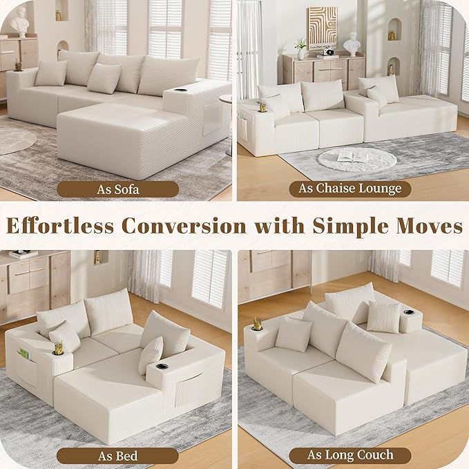 107" Cloud Sectional Couch, Modular Sectional Sofa with L-Shape Chaise, Corduroy Boneless Couch with Deep Seat, Upholstered Sofa for Living Room, No Assembly Required(Right-Facing Chaise, White)