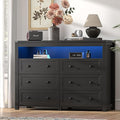 Dresser for Bedroom with 6 Drawers, Wide Chest of Drawers with LED Light and Power Outlet, Wooden Closet Organizer Clothes Storage Cabinet, Modern Double Dressers for Living Room, Hallway, Black
