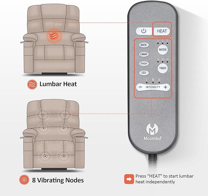MCombo Oversized Dual Motor Power Lift Recliner Chair Sofa with Massage and Heat for Big Elderly People, Infinite Position, USB Ports, Fabric R7688 (Brown, Large-Oversize)