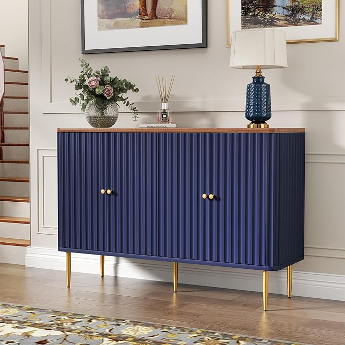 HLR Sideboard Buffet Cabinet, 48" Modern Accent Cabinet with 4 Door and Removable Shelves, Credenza with Storage for Living Room, Dinning Room, Entryway, Blue
