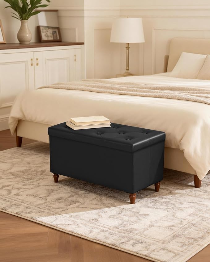 GLAXYFUR 30 Inches Storage Ottoman Bench with Wooden Legs, Faux Leather Folding Ottoman Foot Rest, Storage Bench for Living Room, Hallway & Bedroom, Black
