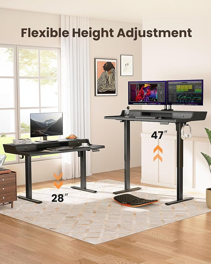 ErGear Electric Standing Desk with Drawers, 48″ x 24″ Gaming Table Compatible Monitor Stand, Stand up Desks, Home Office Height-Adjustable Desk with Storage Shelf, 4 Preset Heights, Black